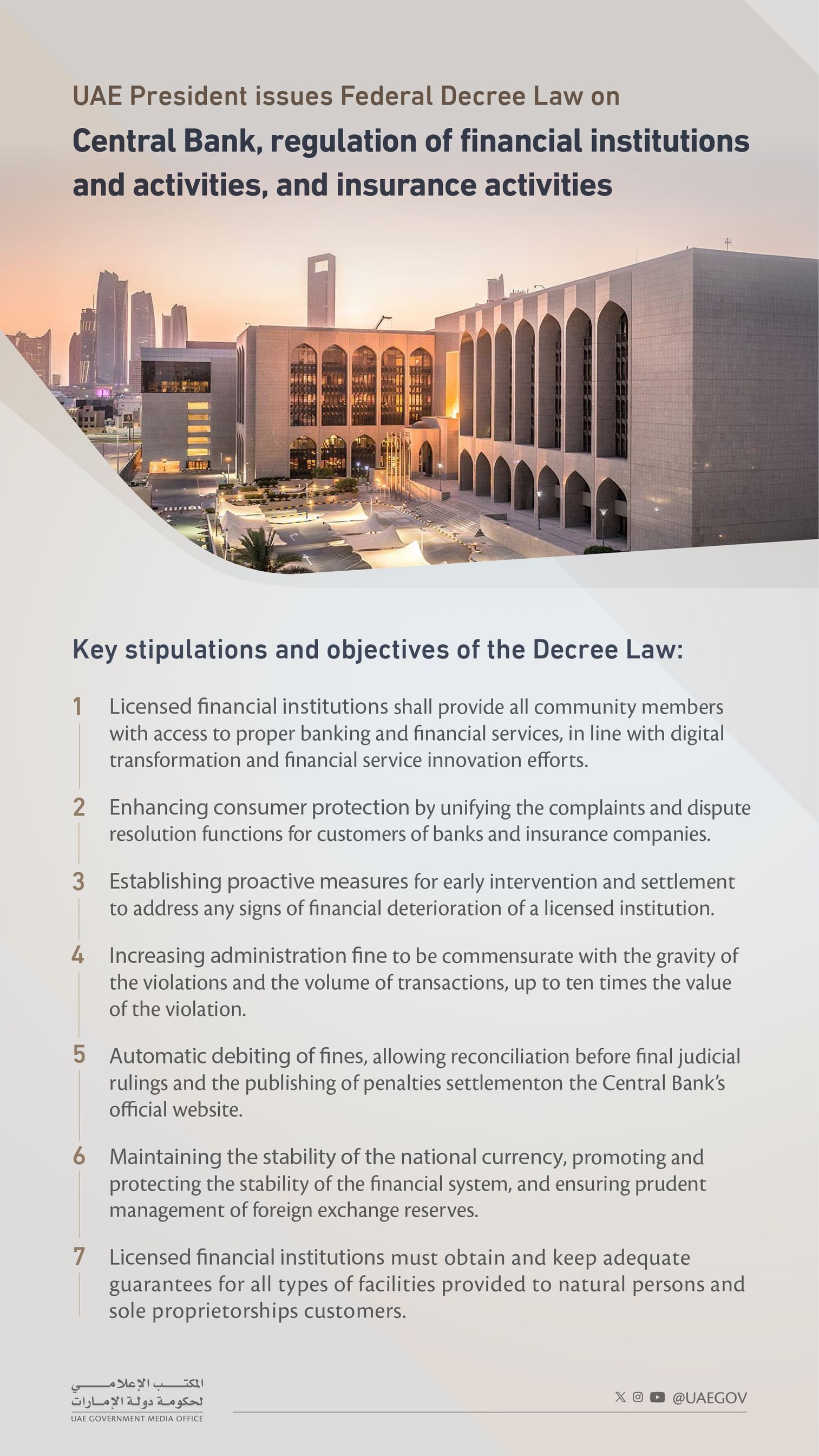 UAE President issues Federal Decree Law on Central Bank, regulation of financial institutions, insurance activities